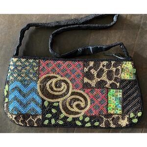 Vintage J&X NY Intricate Hand Beaded Strap & Bag Sequins Evening Boho Clutch